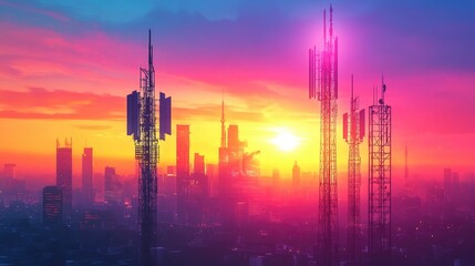 Vibrant Sunset Over City Skyline with Communication Towers Silhouetted