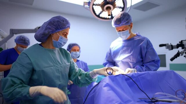 Female medic untangles the wire of the medical device. Woman in blue robe, latex gloves, mask and cap gives a syringe to the surgeon. Preparatory stage for the neurosurgery.