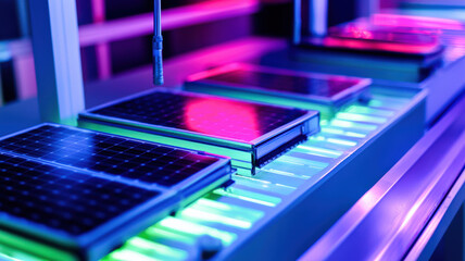 A sleek renewable energy research center, with engineers testing advanced battery and solar cell prototypes under laboratory lighting, showcasing cutting-edge green technology and innovation.