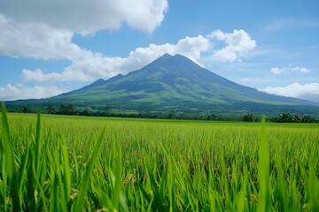 Fototapeta premium A beautiful view of rice fields with a high mountain in the background
