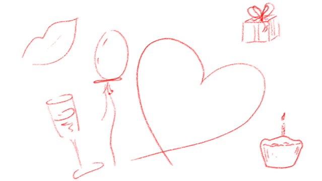 Red  heart , balloons, balloons, glass, gift, lips, muffin, wedding rings, wedding, wedding set,drawn in pencil, crayon on a white background, illustration