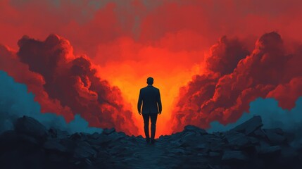 Fototapeta premium Businessmen and entrepreneurs who have gone through many failures and risen up to achieve success and goals. A confident professional emerging from rubble, staring at a glowing path forward.