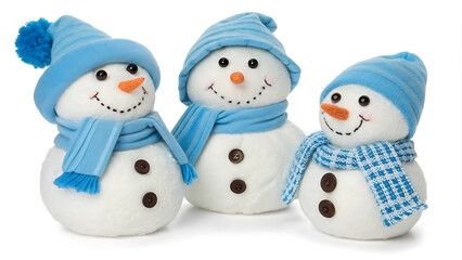Cheerful snowman trio with blue hats and scarves for winter decoration.