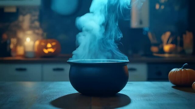 A black cauldron emitting blue swirling smoke, set against a moody Halloween-themed kitchen