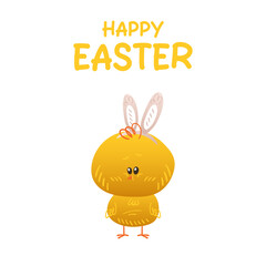 yellow chicken baby cartoon with bunny ears on its head is standing in front of white background. Happy Easter greeting card. Vector flat illustration isolated on white background.