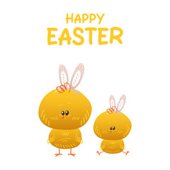 Cute little baby chicken wearing easter bunny ears. Happy easter greeting card template. Vector cartoon illustration
