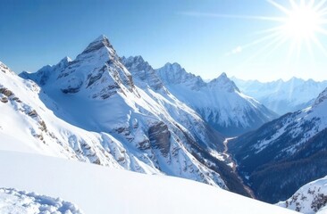 Obraz premium The sun shines very brightly through the beautiful snow covered mountains