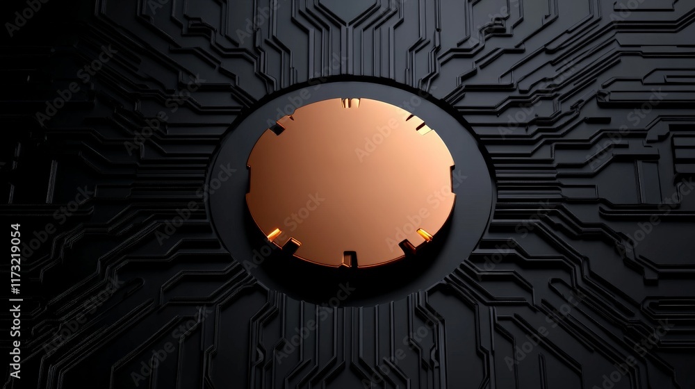 Poster abstract tech circuitry: a mesmerizing close-up of a copper-toned disc nestled within a intricate ne