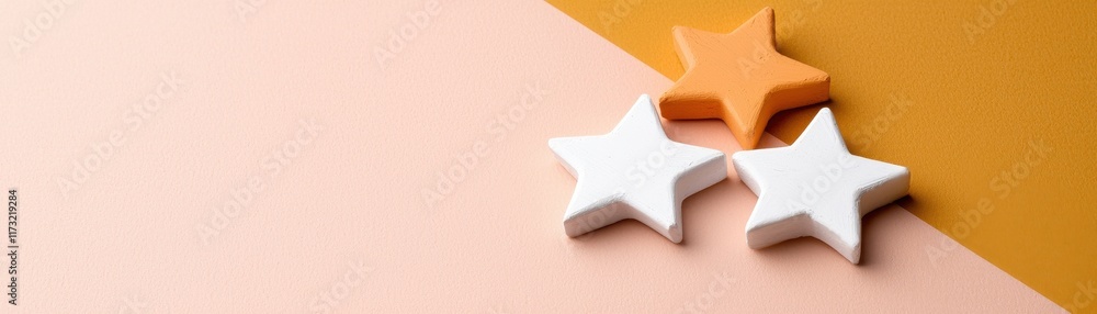 Poster a minimalist arrangement of colorful star shapes on a soft background, creating a playful and cheerf