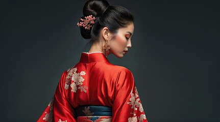 Elegant woman in traditional red kimono with floral patterns posing gracefully against a dark background
