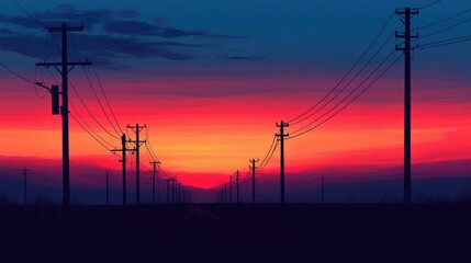 Dramatic Sunset Over Empty Road With Silhouetted Power Lines