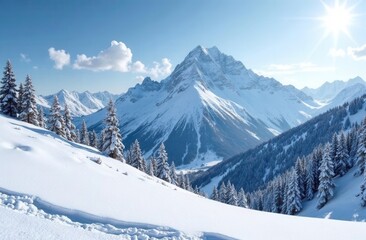 Fototapeta premium The sun shines very brightly through the beautiful snow covered mountains