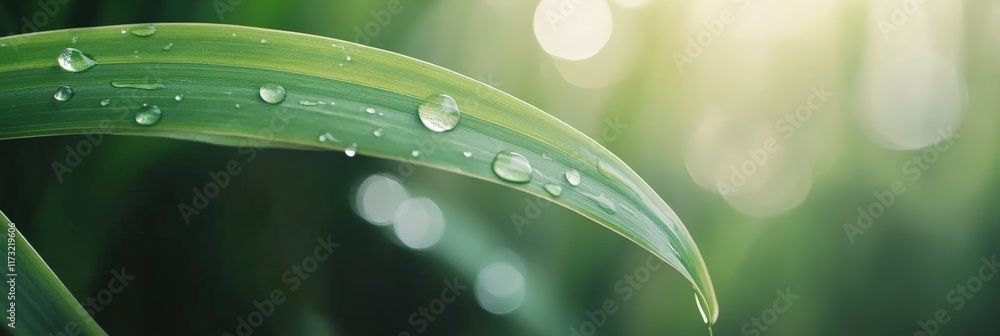 Poster sparkling water droplets clinging to a vibrant green leaf catch sunlight, creating a mesmerizing dis