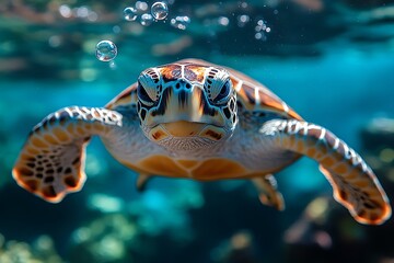 A sea turtle swimming gracefully underwater with bubbles around it.