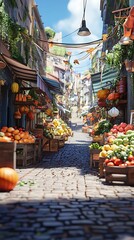 Obraz premium A vibrant marketplace with colorful fruits and vegetables lining cobblestone streets.