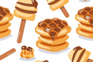 Delicious dessert patterns featuring pancakes and chocolate treats food illustration bright colors playful design
