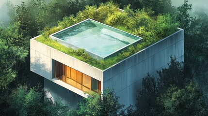 Modern Green Roof House with Rooftop Pool