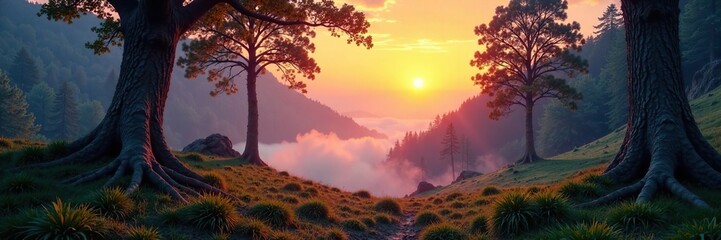 Misty dawn in the forest with twisted tree trunks, trees, mountains, nature