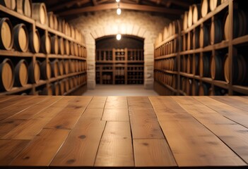 Empty wooden table. Blurred wine cellar in the background. Winery and beverage concept
