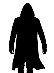 Silhouette template of black color hooded swindler on white or transparent background. PNG.