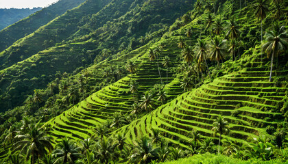 Paysage de rizi&egrave;res en terrasses verdoyantes