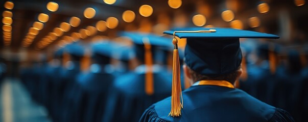 Graduate's back view at commencement ceremony with blurred crowd.