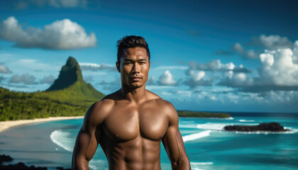 Strong man poses confidently on a tropical beach with a stunning mountain backdrop under a clear blue sky