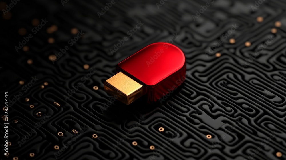 Poster red pill on circuit board: a close-up shot of a gleaming red pill resting on a complex circuit board