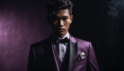 Fototapeta premium Stylish young man in a formal suit poses dramatically in low light for a professional fashion shoot
