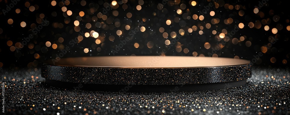 Poster glitter abstract background idea. stylish display platform with sparkling golden lights for product 
