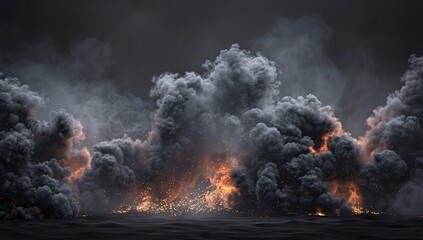 Obraz premium Massive dark smoke billows into the air, fiery embers glowing from below. A dramatic scene of intense combustion.