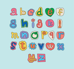Cute collage style alphabet lowercase letters. colorful hand drawings
