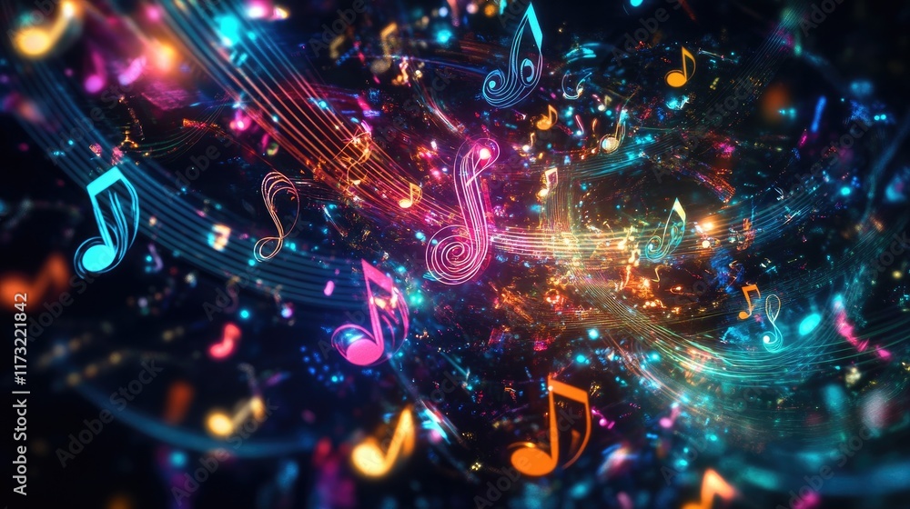 Poster vibrant abstract musical notes floating in a colorful background