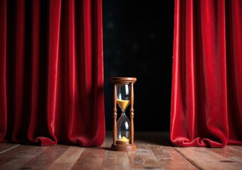 Hourglass on stage surrounded by red curtains creating a dramatic atmosphere