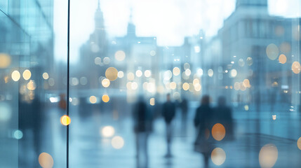 Fototapeta premium Abstract bokeh lights and glass reflections in a modern city, great for green screen projects, People in background