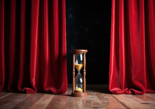 Hourglass on stage surrounded by red curtains creating a dramatic atmosphere