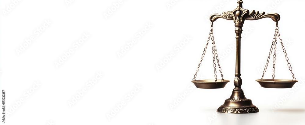 Wall mural Photo of a balance scale on a white background, symbolizing justice and law with copy space for text or design. Web banner with a low depth perspective