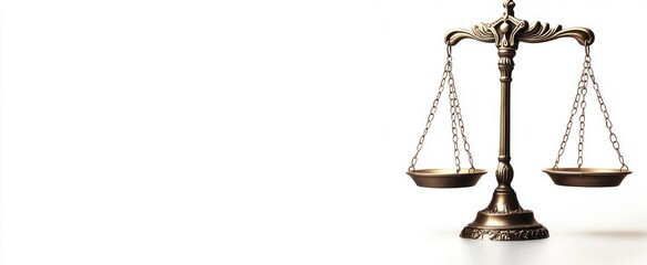 Photo of a balance scale on a white background, symbolizing justice and law with copy space for text or design. Web banner with a low depth perspective