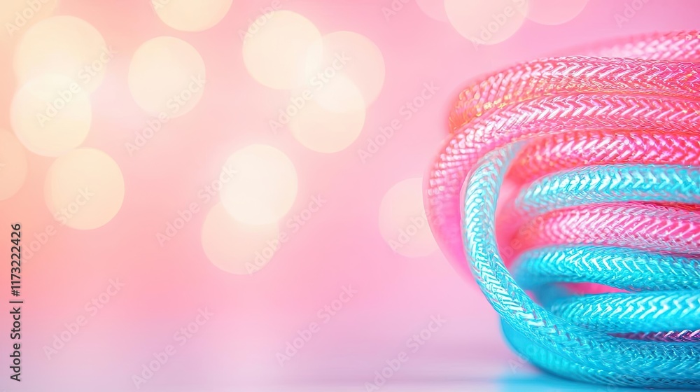 Poster neon abstract background concept. colorful twisted rope on a soft pastel background with blurred lig