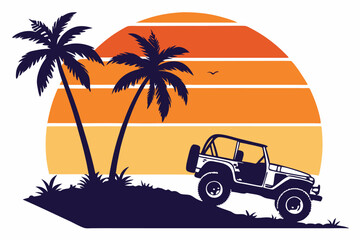 Obraz premium Off-roading vehicle and palm tree silhouettes on a retro vintage background with sunset-inspired colors, vibrant gradient hues, and a nostalgic, adventurous vibe; vector-style design perfect for T-shi