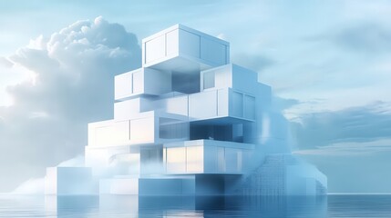 Modern Cubic Structure Floating on Calm Water