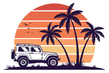 Off-roading vehicle and palm tree silhouettes on a retro vintage background with sunset-inspired colors, vibrant gradient hues, and a nostalgic, adventurous vibe; vector-style design perfect for T-shi