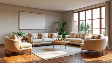 Fototapeta premium A Warm and Inviting Living Room Interior with Plush Furniture, Soft Lighting, Cozy Textiles, and Earthy Tones, Creating a Comfortable and Homely Atmosphere