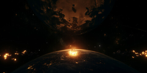 3D rendering illustration of alien planet earth with sun explosion nuclear strike