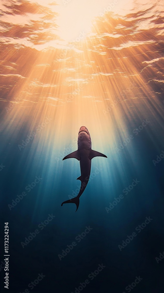 Poster majestic shark gliding through deep blue ocean waters, moving toward sunlight filtering through the 