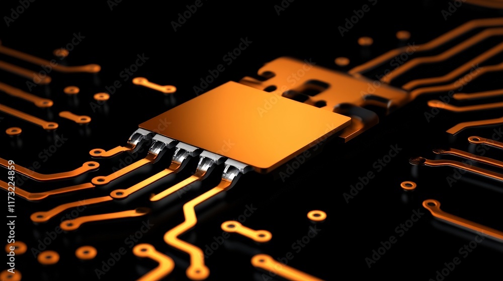 Poster golden microchip on circuit board: a close-up of a gleaming gold microchip resting on a intricate co