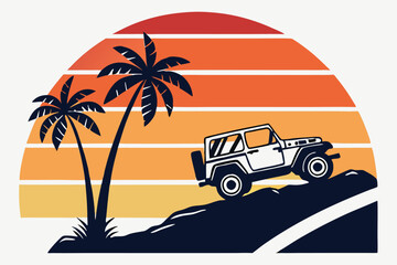 Off-roading vehicle and palm tree silhouettes on a retro vintage background with sunset-inspired colors, vibrant gradient hues, and a nostalgic, adventurous vibe; vector-style design perfect for T-shi