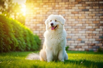 Adorable white puppy frolics on lush green grass, a white brick wall forming a charming backdrop.