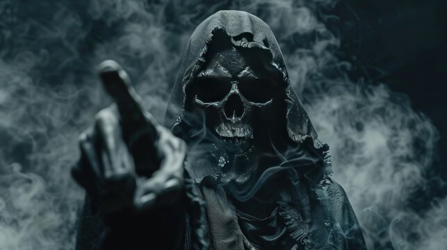 Grim reaper figure pointing with smoke background.