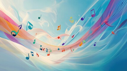 Abstract Music Notes Flowing Across a Colorful Sky Background